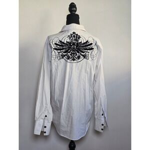 Y2K Level Ten White Pinstripe Button-Up Shirt w/ Crown Graphic | Size L